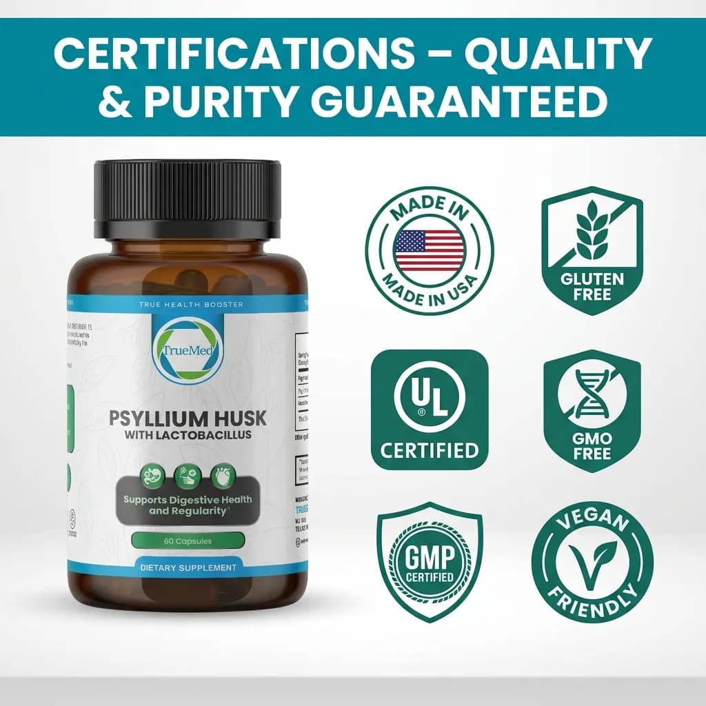 TrueMed Psyllium Husk Powder with Lactobacillus Acidophilus – 60 Capsules, 1700 mg Per Serving