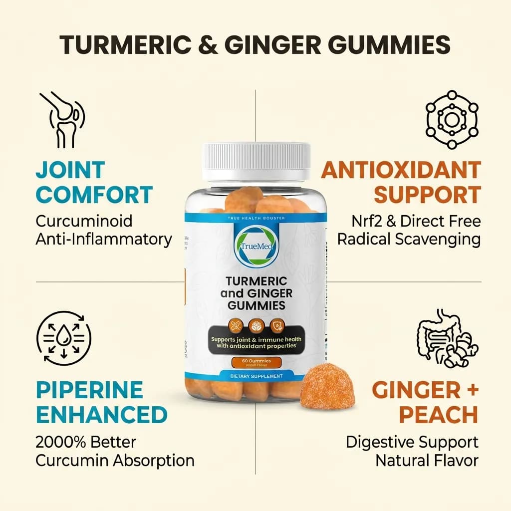 TrueMed Turmeric & Ginger Gummies – 60 Gummies, Natural Peach Flavor, 30-Day Supply