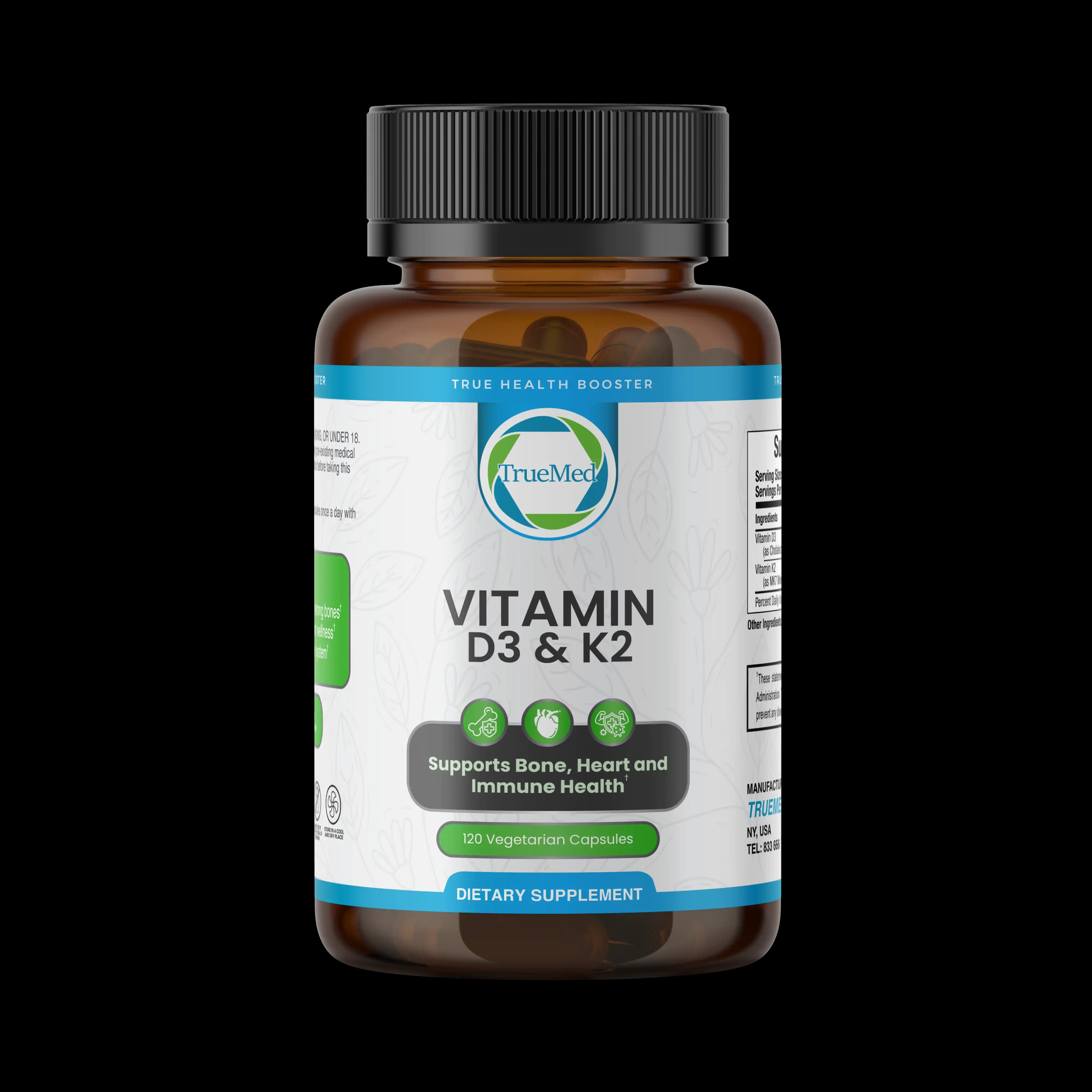 TrueMed Vitamin D3 & K2 – 120 Vegetarian Capsules, 5000 IU D3 + 90 mcg K2 MK-7 Per Capsule